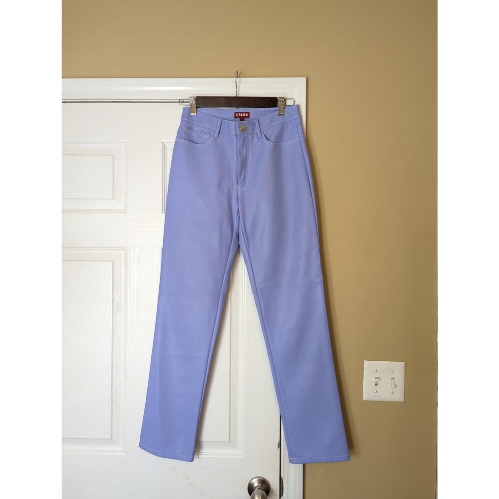 STAUD Faux Leather Straight Leg Pants Size 2 Periwinkle Blue Fall Designer